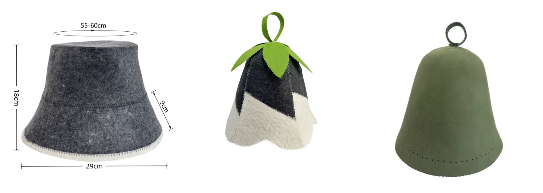 Three sauna hat styles: a grey wool bucket hat, a belltop hat with a leaf loop, and a green merino bell hat